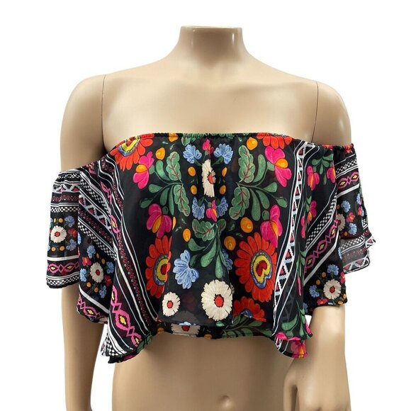 Show Me Your Mumu Boho Floral Off-Shoulder Cropped Flowy Top Black Multicolor M - Picture 1 of 10